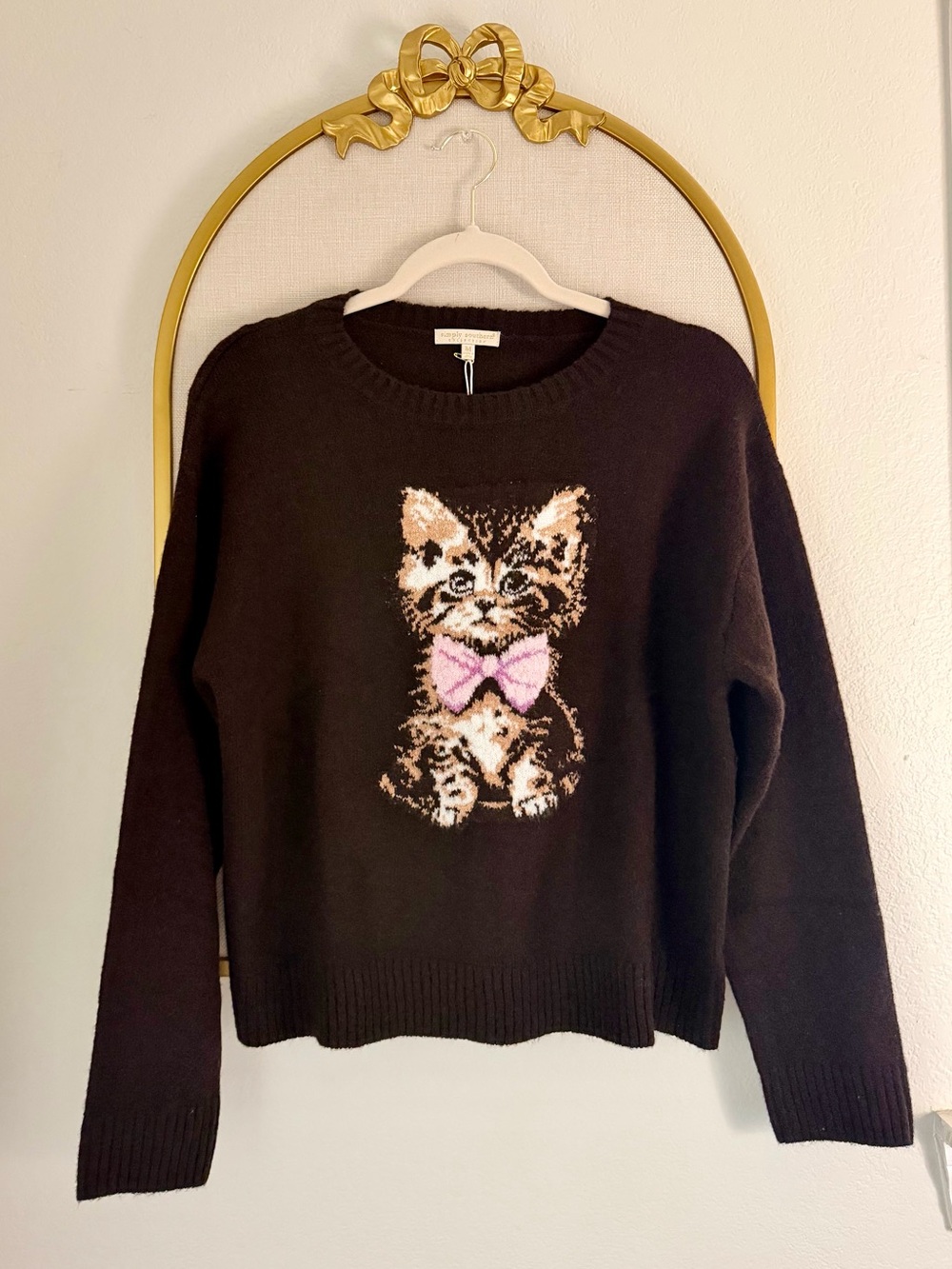 Simply Southern Brown Crewneck Sweater with Kitten and Pink Bow